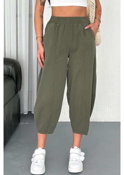 Kadın Pamuklu Bel Lastikli Dikiş Detaylı Haki Gabardin Kumaş Pantolon fiyatları
