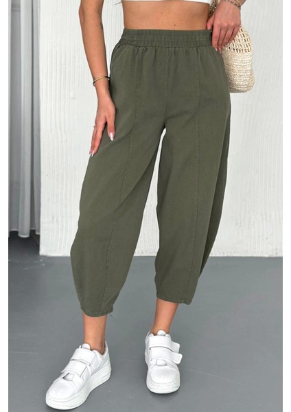Kadın Pamuklu Bel Lastikli Dikiş Detaylı Haki Gabardin Kumaş Pantolon modelleri