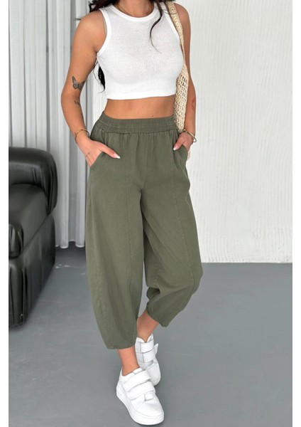 Kadın Pamuklu Bel Lastikli Dikiş Detaylı Haki Gabardin Kumaş Pantolon fırsatları