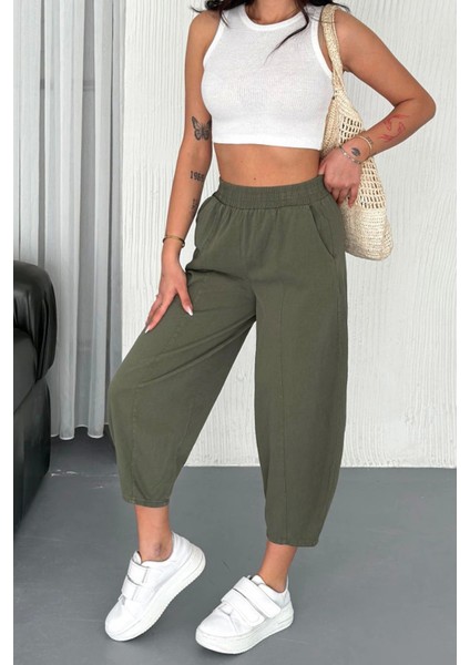 Kadın Pamuklu Bel Lastikli Dikiş Detaylı Haki Gabardin Kumaş Pantolon indirimleri