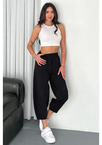 Kadın Pamuklu Bel Lastikli Dikiş Detaylı Siyah Gabardin Kumaş Pantolon