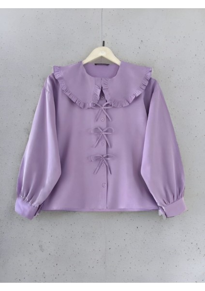 Bebe Yaka Fiyonk Detaylı Etek Üstü Crop Gömlek