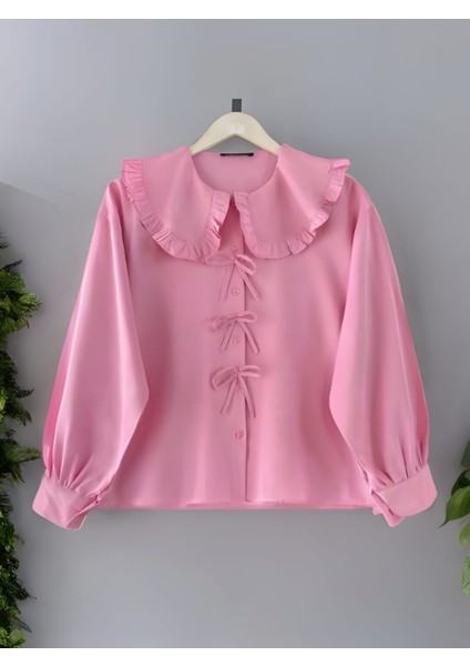 Bebe Yaka Fiyonk Detaylı Etek Üstü Crop Gömlek