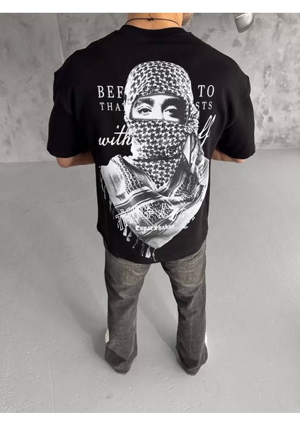 Unisex Baskılı Oversize T-Shirt - Siyah