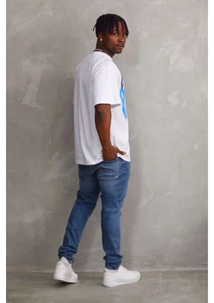 Unisex Baskılı Oversize T-Shirt - Beyaz indirimleri