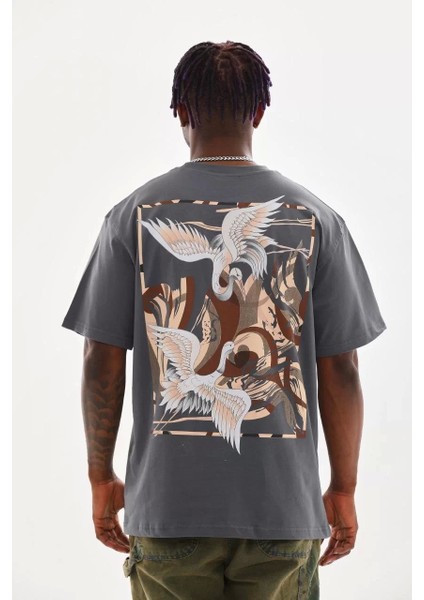 Unisex Baskılı Oversize T-Shirt - Füme