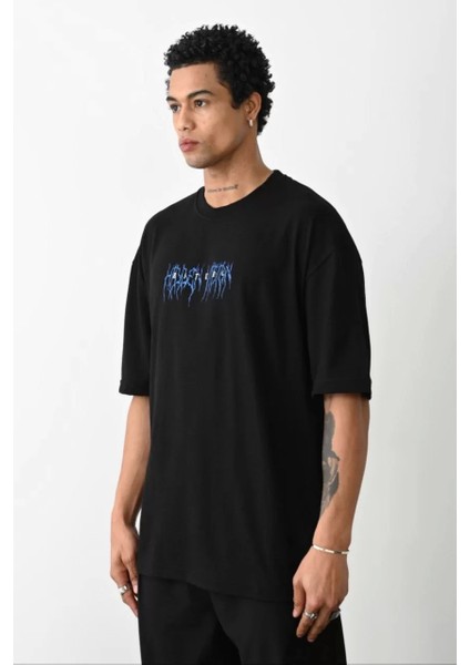 Unisex Baskılı Oversize T-Shirt - Siyah fiyatları