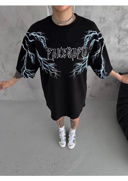 Unisex Bisiklet Yaka Baskılı Oversize T-Shirt - Siyah