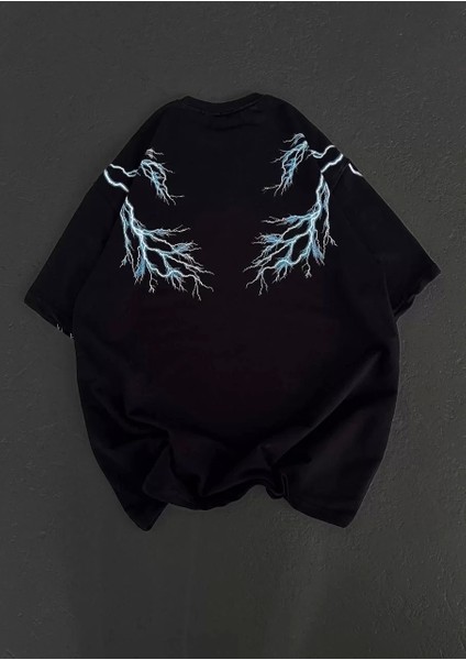 Unisex Bisiklet Yaka Baskılı Oversize T-Shirt - Siyah
