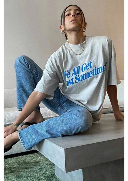 Unisex Baskılı Oversize T-Shirt - Beyaz indirimleri