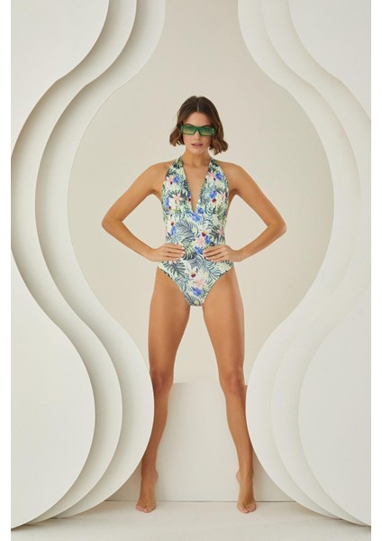 Arkası Şık Tasarım Çiçek Desenli Mayo