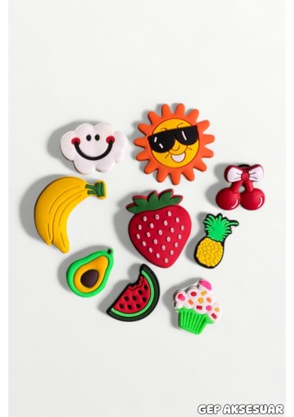 Jibbitz Terlik Süsü 9 Lu Set Güneş,kiraz,çilek,karpuz,bulut modelleri