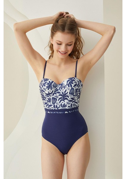 Yaprak Desen Lacivert Kaplı Mayo