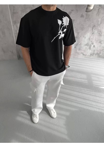 Unisex Bisiklet Yaka Baskılı Oversize T-Shirt - Siyah