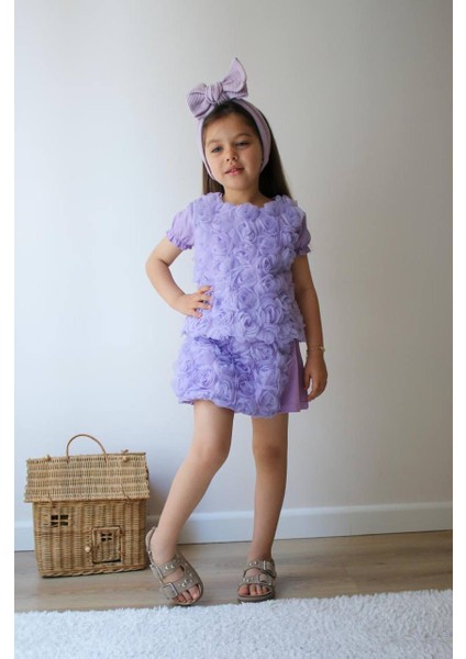 Muhteşem Lila Şıklık! 3D Çiçek Detaylı Kız Çocuk Takım