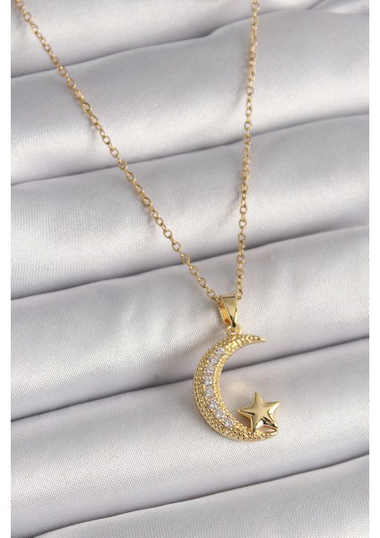 316L Çelik Gold Renk Zincir Zirkon Taşlı Hilal Model Yıldız Detay Kadın Kolye - Lisinya