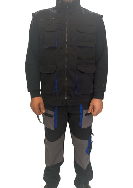 Saks Mavi Detaylı Harman Çok Cepli Yelek Pantolon Alt Üst Takım