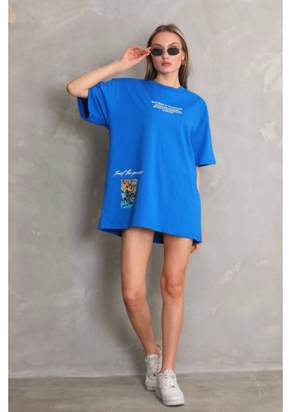 Unisex Bisiklet Yaka Baskılı Oversize T-Shirt - Mavi fırsatları