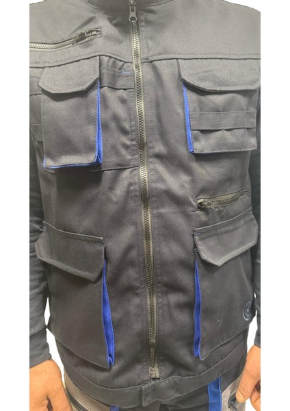Saks Mavi Detaylı Harman Çok Cepli Yelek Pantolon Alt Üst Takım