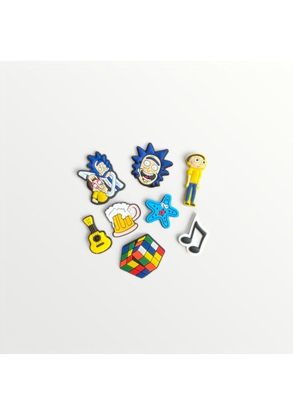 Jibbitz Terlik Süsü 8 Li Set-Rick And Morty,gitar,yıldız,rubik Küp,nota