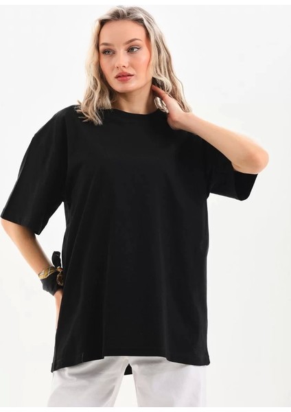 Unisex Bisiklet Yaka 20/1 Düz Oversize T-Shirt - Siyah