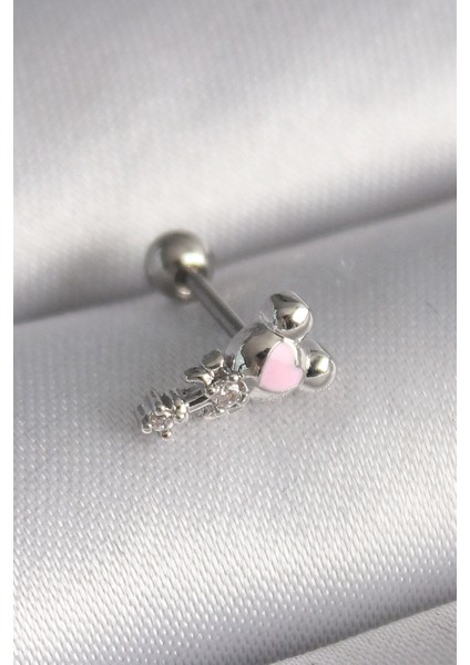 316L Çelik Gümüş Renk Zirkon Taş Detay Pembe Kalp Işleme Tragus Piercing - Lisinya