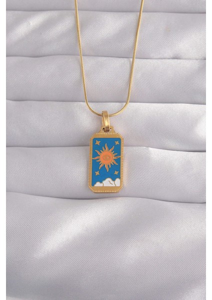 316L Çelik Gold Renk Mavi Mineli Güneş Model Tarot Kolye - Lisinya