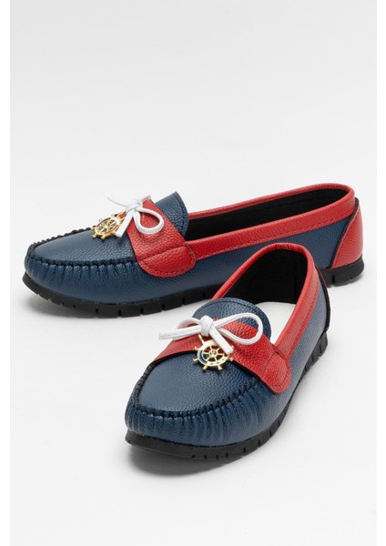 Kadın Fiyonklu Günlük Babet Ayakkabı Lacivert - Kırmızı indirimleri