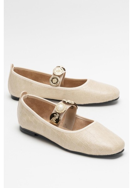 Kadın Oval Burun Aksesuar Bantlı Babet Ayakkabı Krem fiyatları