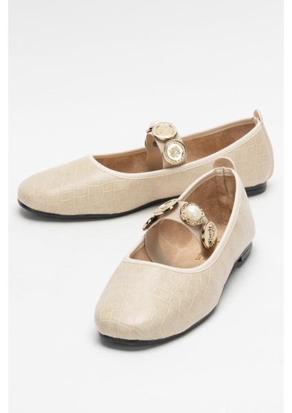 Kadın Oval Burun Aksesuar Bantlı Babet Ayakkabı Krem indirimleri