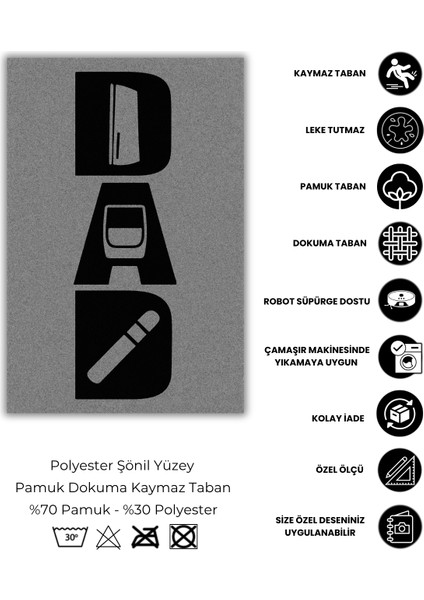 Babalar Günü Hediyesi Halısı Dijital Baskılı Dokuma Kaymaz Tabanlı Yıkanabilir Siyah Gri Antre Halısı