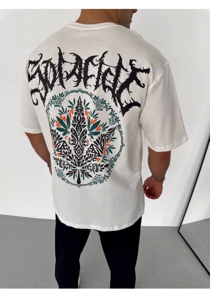 Unisex Bisiklet Yaka Baskılı Oversize T-Shirt - Beyaz