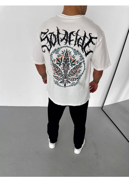 Unisex Bisiklet Yaka Baskılı Oversize T-Shirt - Beyaz