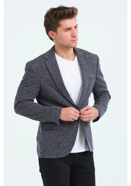 Erkek Slim Fit Blazer Ceket Lacivert Beyaz