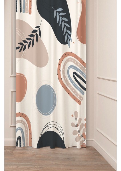 Minimalist Soft Sade Pastel Yaprak Bohem Özel Tasarım Dijital Baskılı (Tek Kanat) Bej Krem Fon Perde