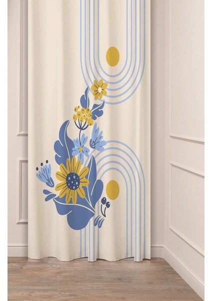Minimalist Soft Sade Pastel Yaprak Bohem Özel Tasarım Dijital Baskılı (Tek Kanat) Bej Krem Fon Perde