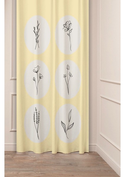 Minimalist Soft Sade Pastel Yaprak Bohem Özel Tasarım Dijital Baskılı (Tek Kanat) Bej Krem Fon Perde
