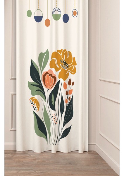 Minimalist Soft Sade Pastel Yaprak Bohem Özel Tasarım Dijital Baskılı (Tek Kanat) Bej Krem Fon Perde