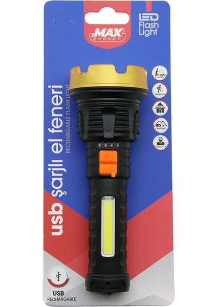 KÜÇÜK=15CM 2in1= Osl LED - Cob LED USB Şarjlı El Feneri 3-Kademe Işık - Flaşör Şarj Gösterge (2818)