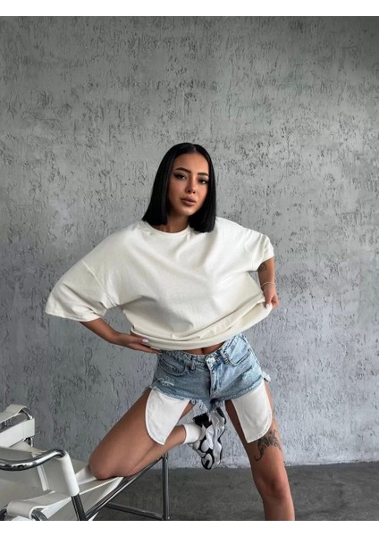 Unisex Düz Biskilet Yaka oversize T-Shirt - Beyaz