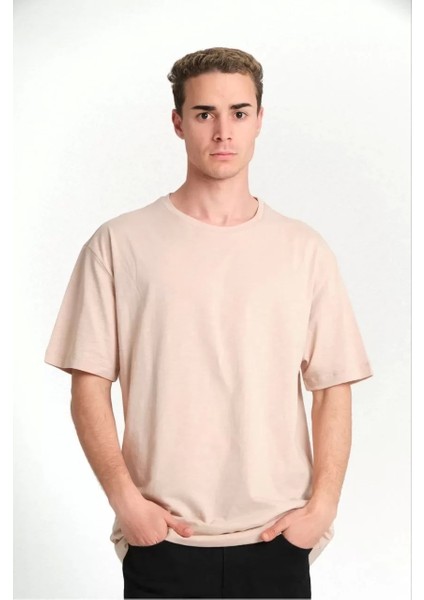 Unisex Düz Biskilet Yaka Oversize T-Shirt - Bej