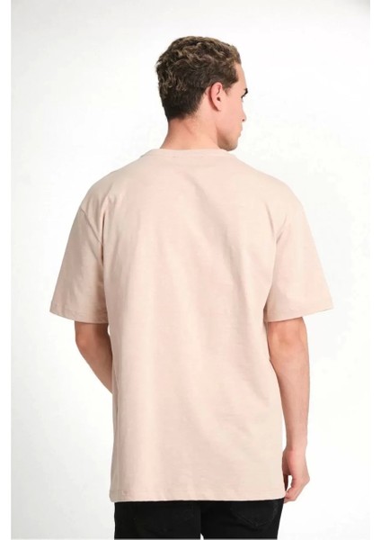 Unisex Düz Biskilet Yaka Oversize T-Shirt - Bej