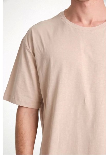 Unisex Düz Biskilet Yaka Oversize T-Shirt - Bej