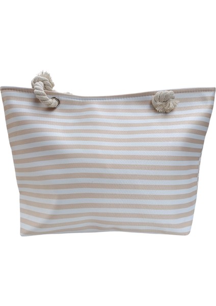 Fancy Kids Kadın Plaj Çantası Fermuarlı Ipli Içi Astarlı Cepli Yatay Çizgili Yumuşak Saplı Ekru-Krem modelleri