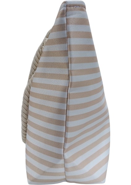 Fancy Kids Kadın Plaj Çantası Fermuarlı Ipli Içi Astarlı Cepli Yatay Çizgili Yumuşak Saplı Ekru-Krem fırsatları