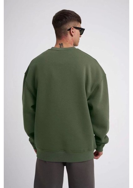Unisex Biskilet Yaka Üç Iplik Sweatshirt - Haki