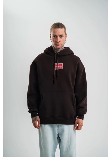 Double Oversize Kapşonlu Dijital Patchli Sweatshirt - Kahve