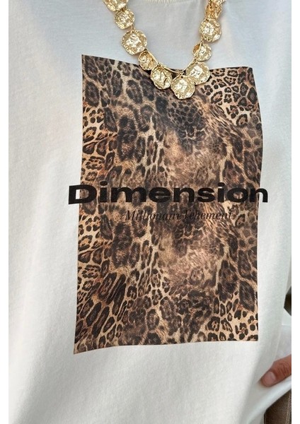 %100 Pamuk Dimension Baskılı Beyaz Kadın T-Shirt