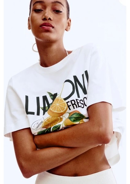 %100 Pamuk Limon Baskılı Beyaz Kadın Tshirt