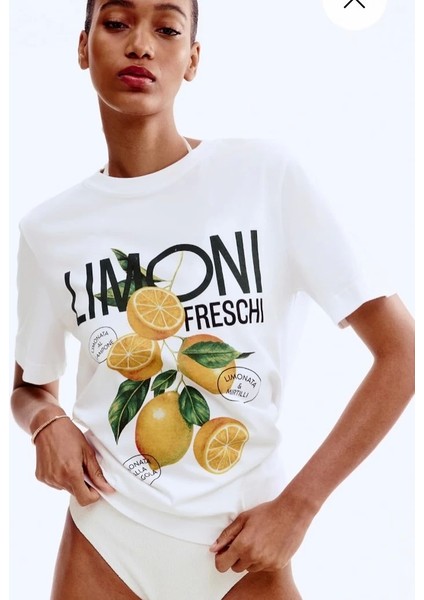 %100 Pamuk Limon Baskılı Beyaz Kadın Tshirt